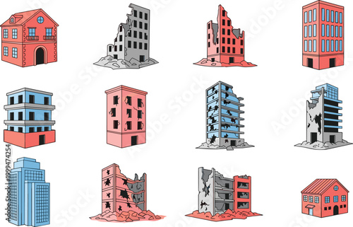 Destroyed Building and Crumbled Structure Vector Illustration Set Featuring Collapsed Houses, Buildings, and Urban Ruins in Various Stages of Destruction.