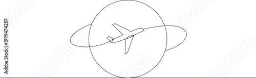 Continuous line drawing of airplane flying around globe symbolizing global travel. Simple contour art. Minimal line width vector illustration