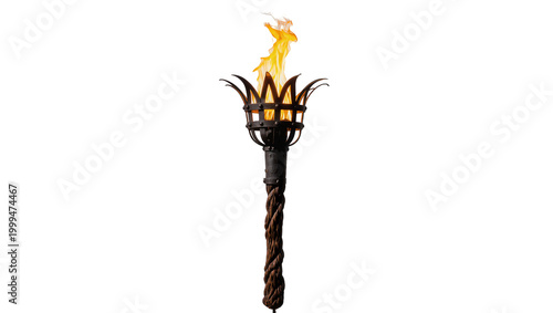 Medieval wrought iron torch with glowing flames, isolated on transparent background
