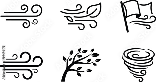 A set of six black line art illustrations depicting various wind and weather icons