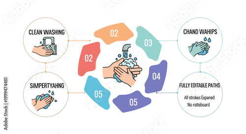 Infographic illustration showing the steps of proper handwashing with soap and water in a circular diagram with colorful shapes against a clean white background, promoting hygiene