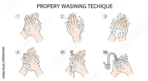 Informational illustration showing the proper hand-washing technique with numbered steps against a plain white background, emphasizing hygiene and cleanliness in a minimalist style