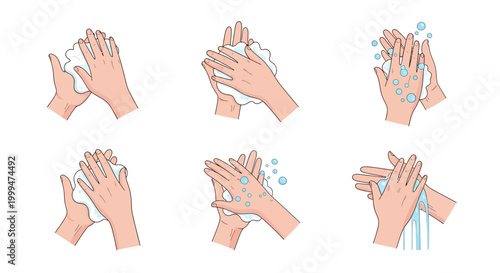 Illustrated diagram displays the proper handwashing steps with lathering, rinsing, and drying, presented in a series of six sequential images against a clean white background, rendered