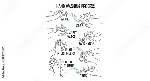 An illustration displays a step-by-step hand washing process with water and soap, outlining instructions such as wetting hands, applying soap to palms, rubbing back of hands, inter fingers