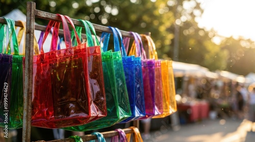 Colorful translucent tote bags hanging on a rack at an outdoor market shopping bags