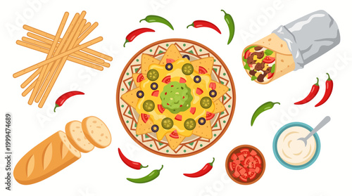 Flat Vector Illustration of Mexican Food Assortment with Nachos