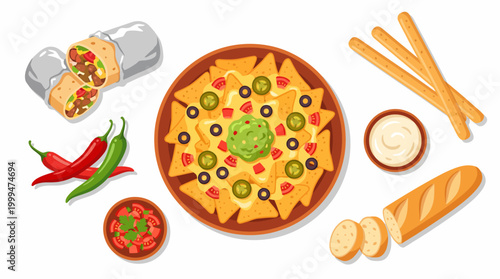Flat Vector Illustration of Mexican Food Assortment with Nachos