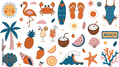  Colorful Summer Beach Icons and Elements Set — Tropical Vacation Flat Vector Illustration,  items including palm trees, drinks, fruits, swimsuit, flip-flops, umbrella, and sunglasses. Bright flat sum