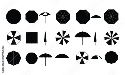 Black silhouette beach icons umbrellas and sunshades on a white background
