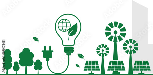 Eco Green City Banner with Light Bulb Wind Turbines Solar Panels and Trees — Sustainability Vector.Flat style concept of an eco home private house with solar panels, wind turbines