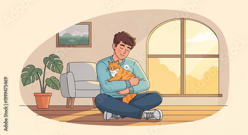 Vector illustration of man holding cat, sitting by window, home sweet home, cozy living room