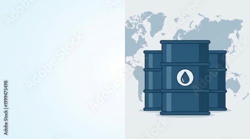 Three dark blue oil barrels with a drop symbol are arranged in front of a world map illustration