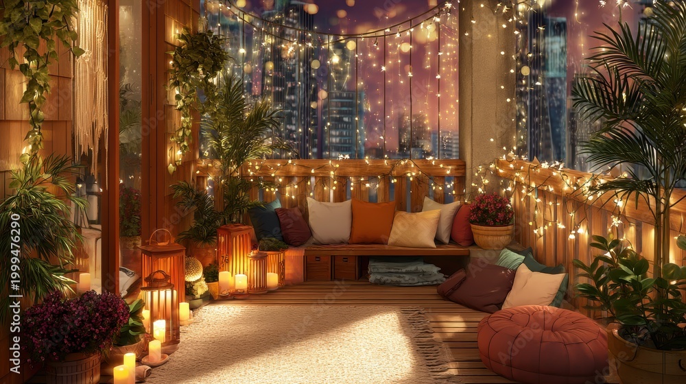Fototapeta premium Cozy balcony decorated with warm fairy lights and lanterns at night. Relaxing outdoor lounge area with pillows and plants overlooking the city skyline. Home decor and lifestyle concept.