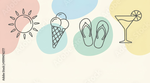 A minimalist line art depiction of summer icons including sun ice cream flip flops and a cocktail