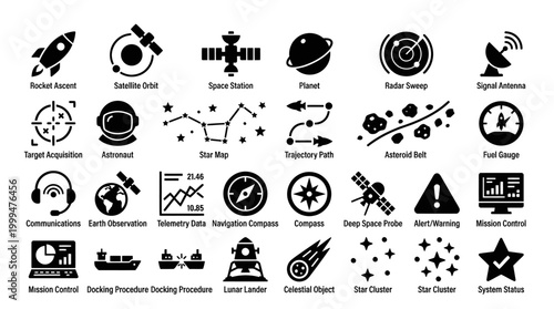 Space Mission Control Icons with Rocket Ascent and Telemetry Data