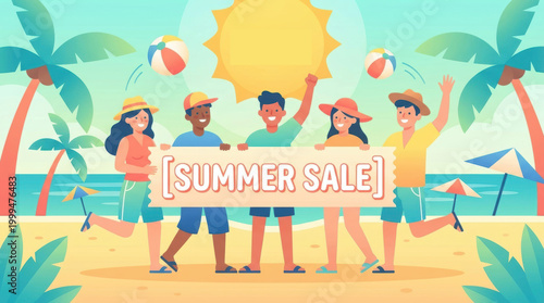 Diverse group of people celebrating summer sale on a tropical beach with palm trees and ocean