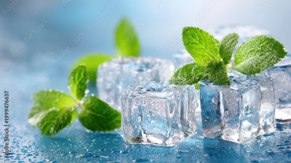 Naklejka premium Ice cube with fresh mint leaf. Frozen water block and green herb for cooling beverage. Cold drink ingredient, summer refreshment concept, close up detail of melting crystal texture.