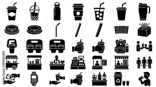 Modern Beverage Service and Coffee Takeout Icon Set Vector