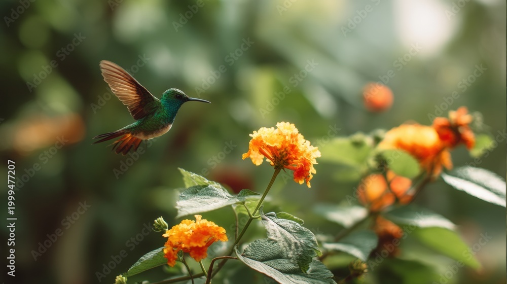 Fototapeta premium Hummingbird hovering near bright orange flower in green garden. Small exotic bird flying to collect nectar from blossom. Wildlife nature landscape, spring season, ecology concept.