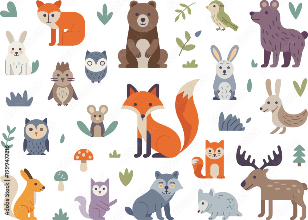 Obraz premium Cute forest animals collection, fox bear deer wolf owl rabbit cartoon flat vector forest animals collection, fox bear deer wolf owl rabbit cartoon flat vector illustration set