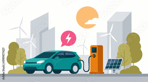 Electric car charging at station powered by renewable energy in eco city
