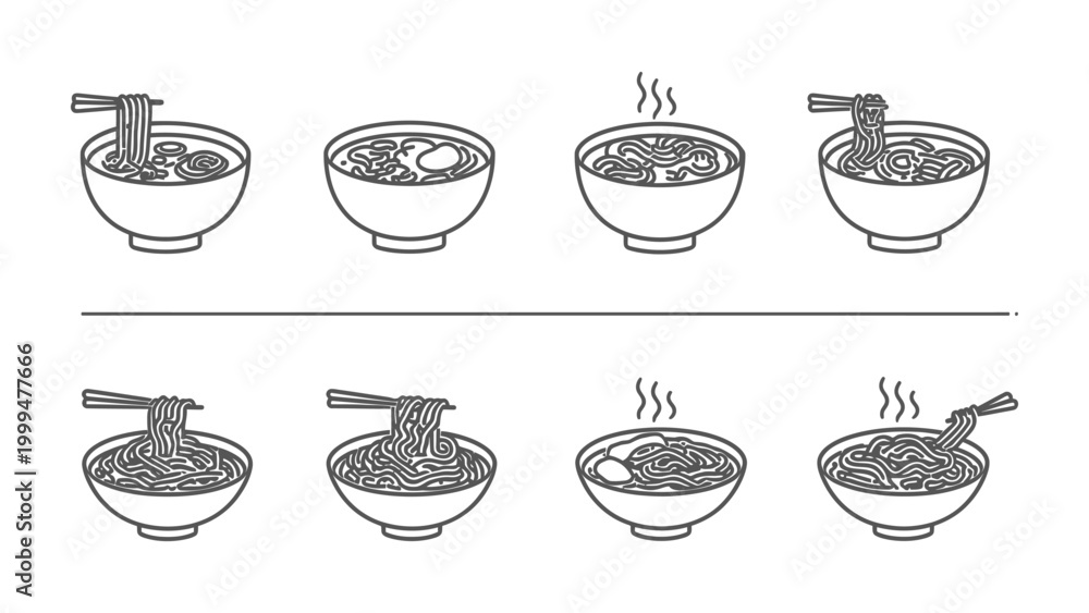 Obraz premium Noodle Bowl Line Art: Noodle bowls illustrated in a simple line art style, perfect for food-related design and culinary content.
