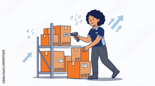 Person Scanning Boxes in a Warehouse Environment with Stacks of Orange Packages in the Background