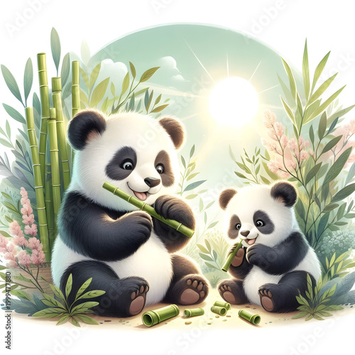 Adorable illustration of cute pandas sitting and eating bamboo. Perfect for children's books, nursery decor, greeting cards, or animal-themed designs. High-quality, hand-painted style.