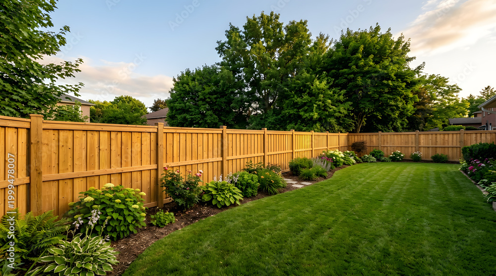 Fototapeta premium Beautiful Backyard Garden Landscape with New Wooden Privacy Fence | Lush Green Mown Lawn and Manicured Flower Beds | Suburban Outdoor Living Space Design | Residential Home Improvement Ideas