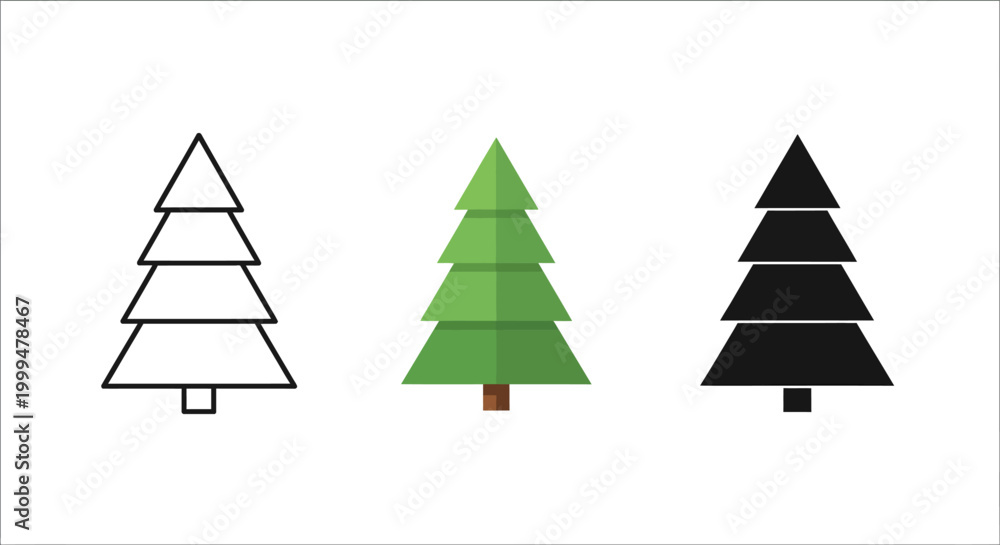 Obraz premium Diverse collection of simple pine tree icons in outline, flat, and solid styles, perfect for seasonal designs, winter celebrations, and festive graphic elements