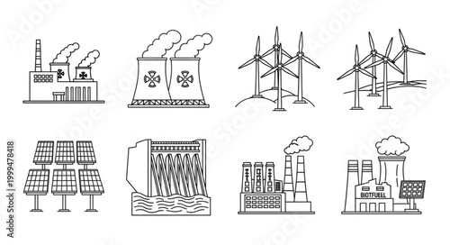 Collection of Industrial Energy Production Facilities Icons.