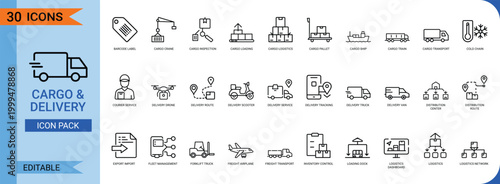 Cargo and delivery icons set for freight transport logistics and shipment services.