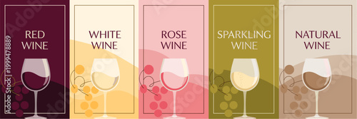 Wine types banners with glasses and grapes in pastel colors for menu design

