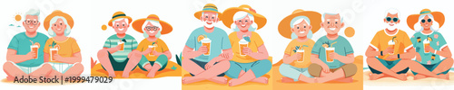 vector old couple sitting on the sand holding cold drinks in summer clothes