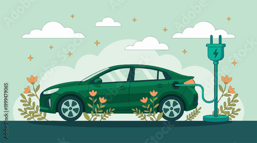 Green electric car charging in an eco-friendly outdoor setting