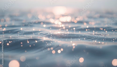 Sparkling Blue Water Surface with Soft Bokeh Lights and Glistening Texture