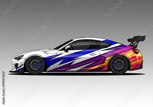 Profile of a sports car with colorful racing vinyl wrap