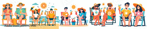 vector couple sitting on beach chairs holding cold drinks in summer clothes