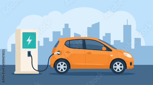 Illustration of Electric Car Charging at Station with City Skyline