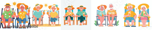 vector old couple sitting on beach chairs holding cold drinks in summer clothes