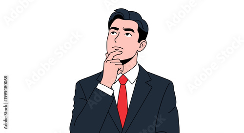 Thoughtful businessman in suit contemplating ideas on white background