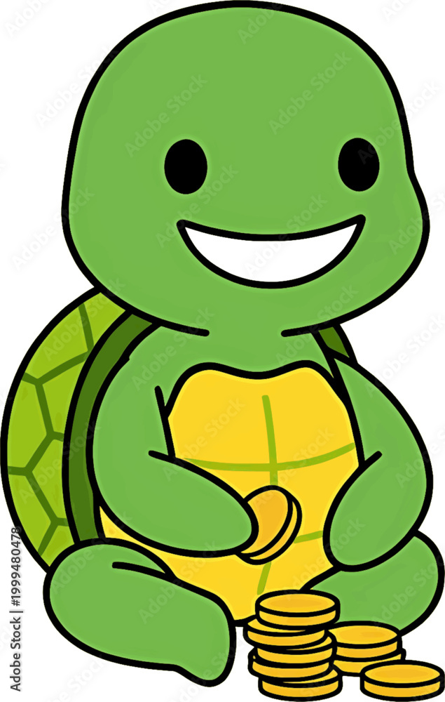 Obraz premium Younger Brother Turtle Counting Coins Happily Money Saving Concept. Business Finance Vector Illustration.