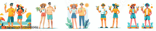 vector couple standing holding cold drinks in summer clothes