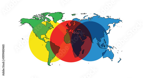 Three large translucent circles in vibrant yellow red and blue overlap across a detailed world map illustration set against a pristine and neutral background.