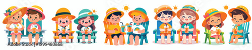 vector two children sitting on beach chairs holding cold drinks in summer clothes