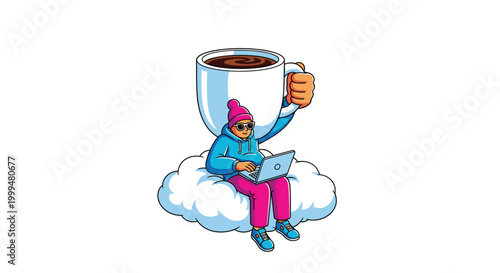 A whimsical digital nomad wearing a vibrant beanie and hoodie sits comfortably on a fluffy white cloud while holding a giant mug of steaming hot coffee.