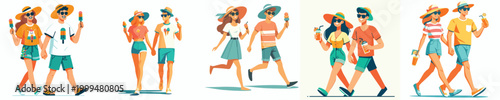 vector couple walking holding cold drinks in summer clothes