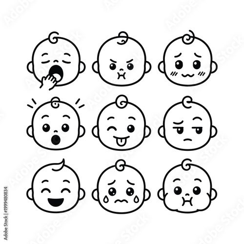 A digital illustration of various emotive baby faces expressions in a single frame