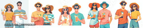 half body vector couple standing holding cold drinks in summer clothes