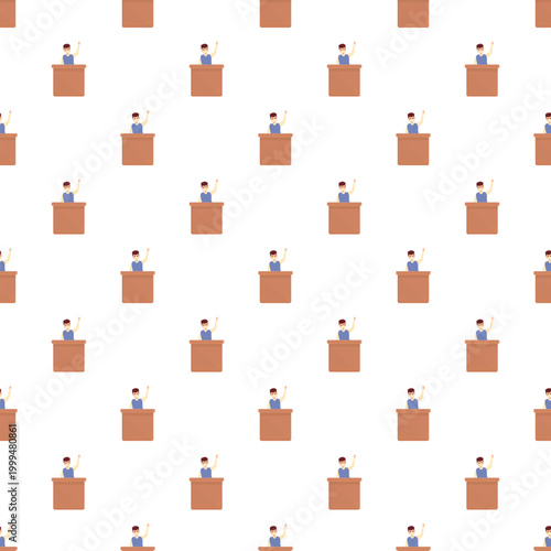 Person standing at a tribune raising a hand, creating a repeating pattern